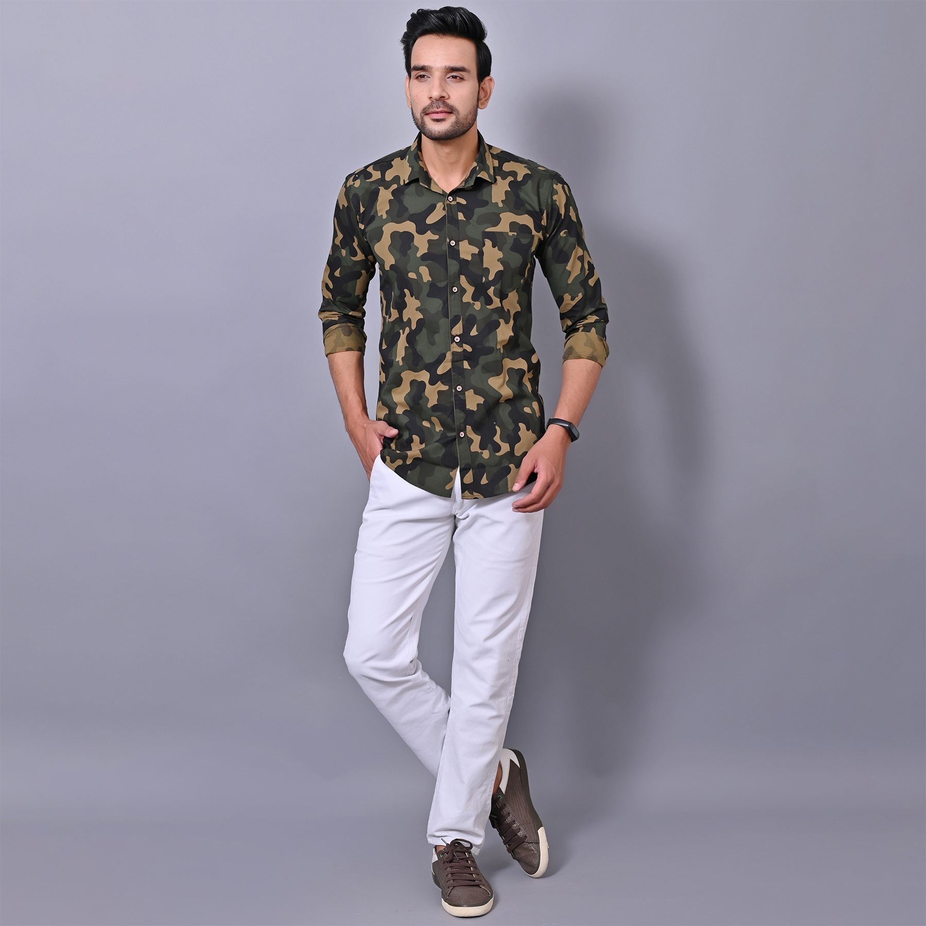 Mens Slim Fit Full Sleeves Casual Army Cotton Shirt