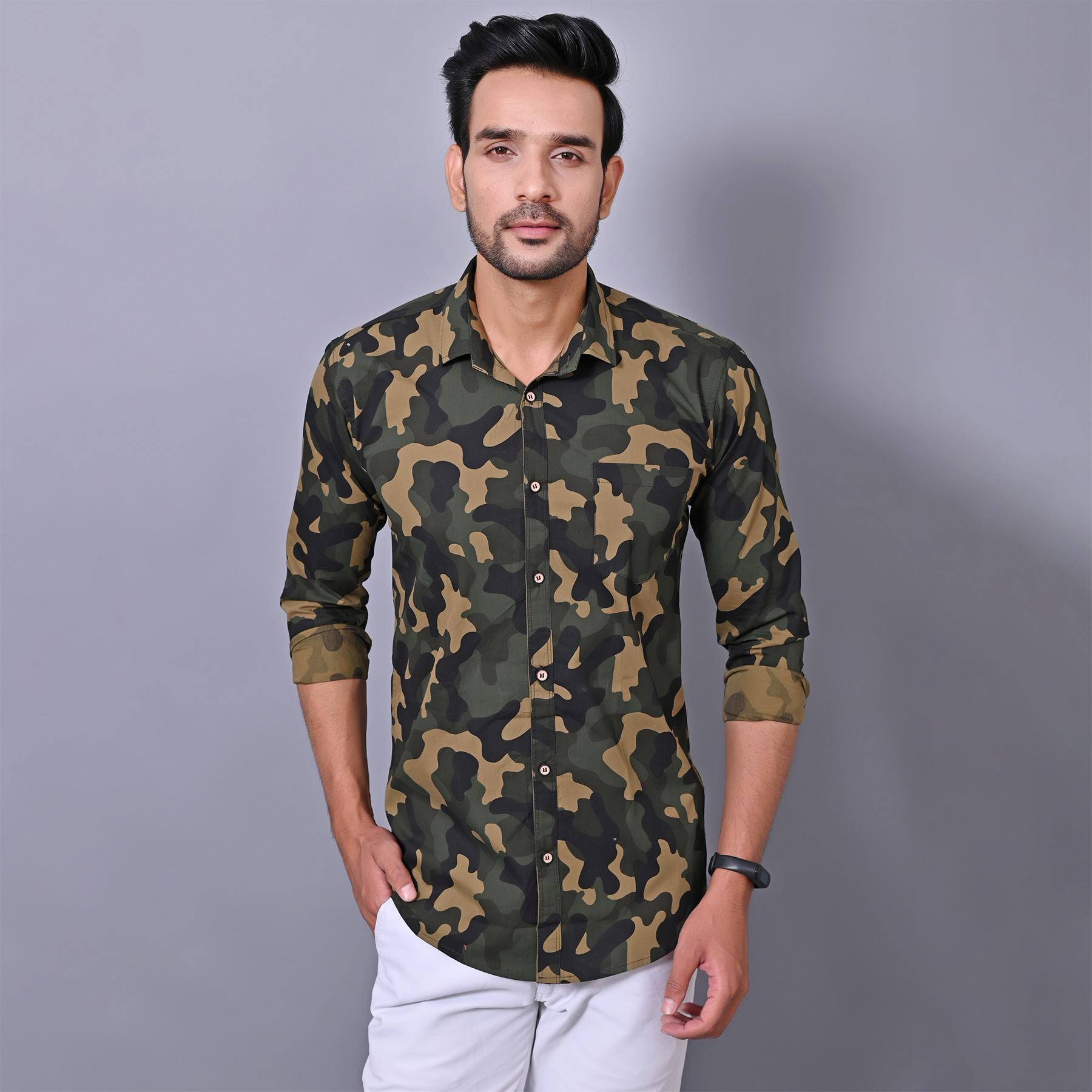 Mens Slim Fit Full Sleeves Casual Army Cotton Shirt