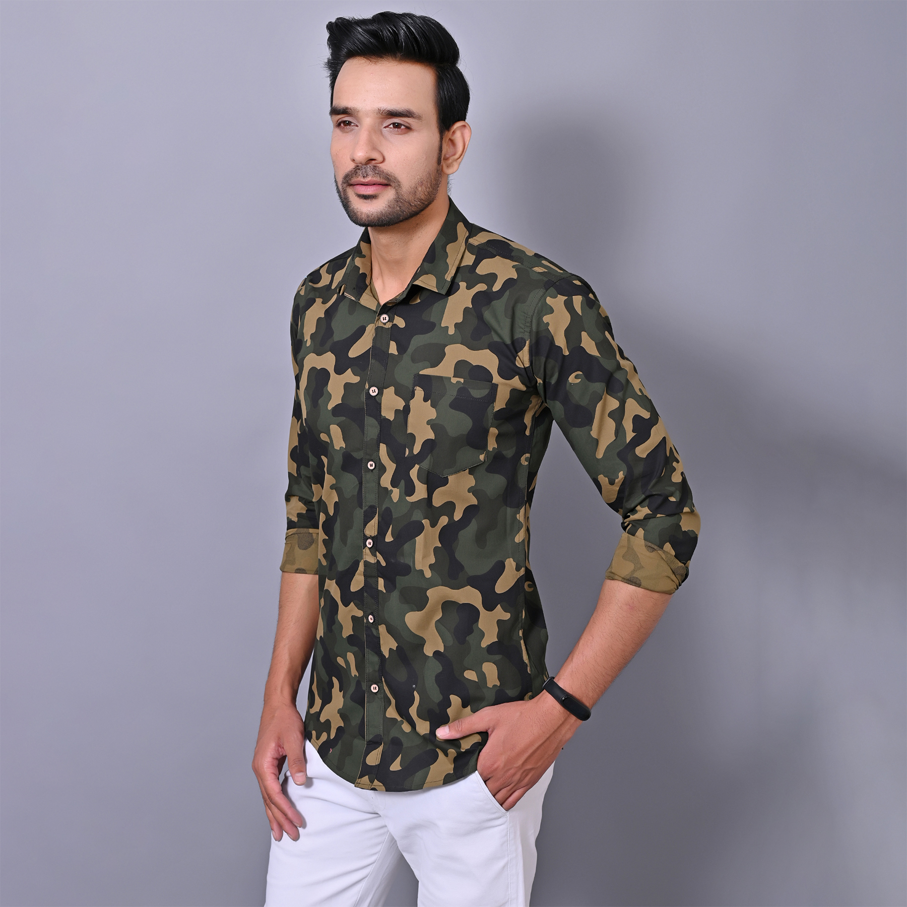Mens Slim Fit Full Sleeves Casual Army Cotton Shirt