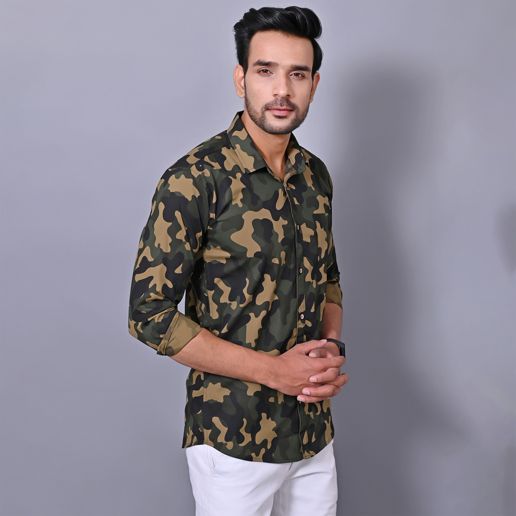 Mens Slim Fit Full Sleeves Casual Army Cotton Shirt