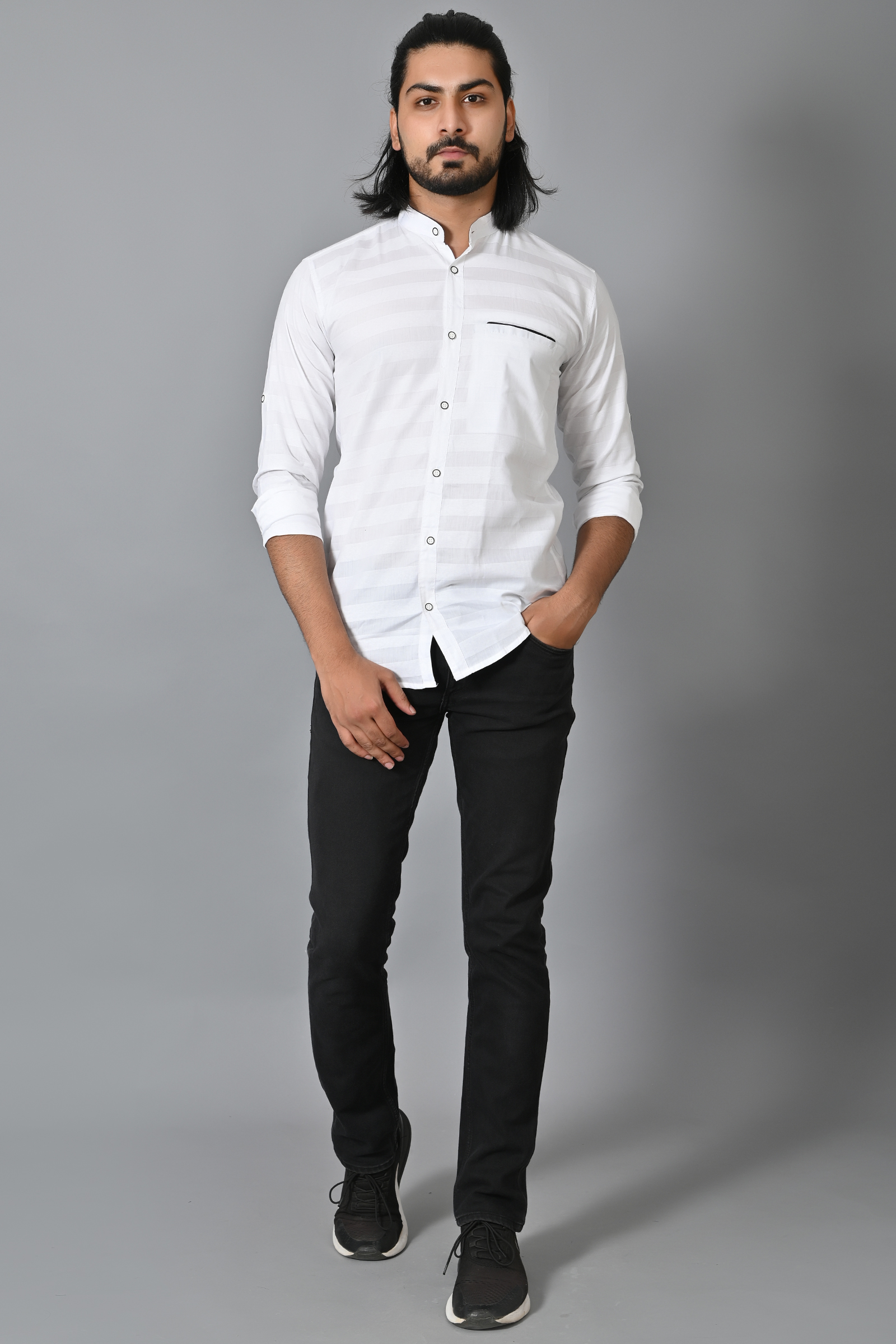 Mens Slim Fit White Full Sleeves Casual Cotton Shirt