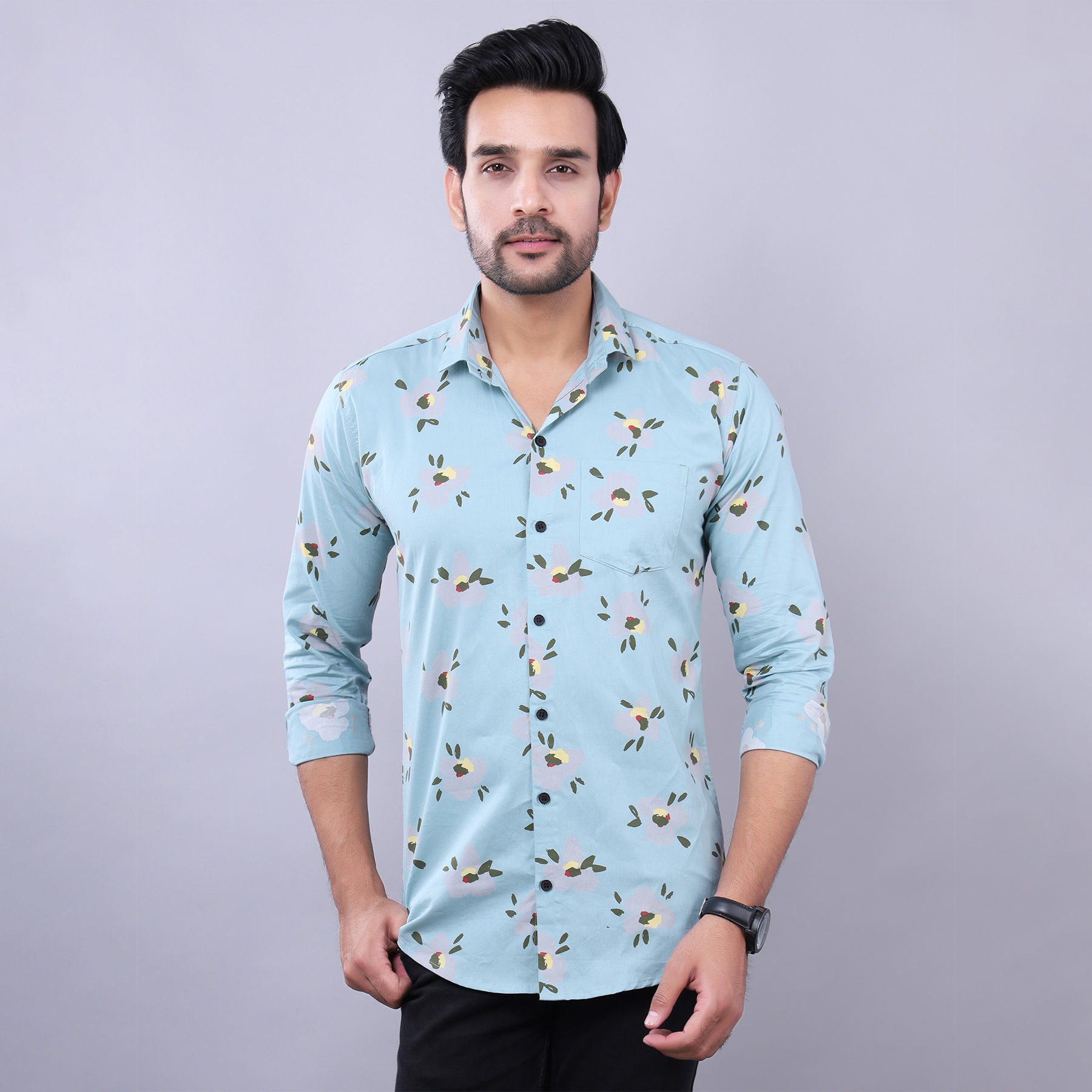 Mens Slim Fit Full Sleeves Casual Floral Cotton Shirt