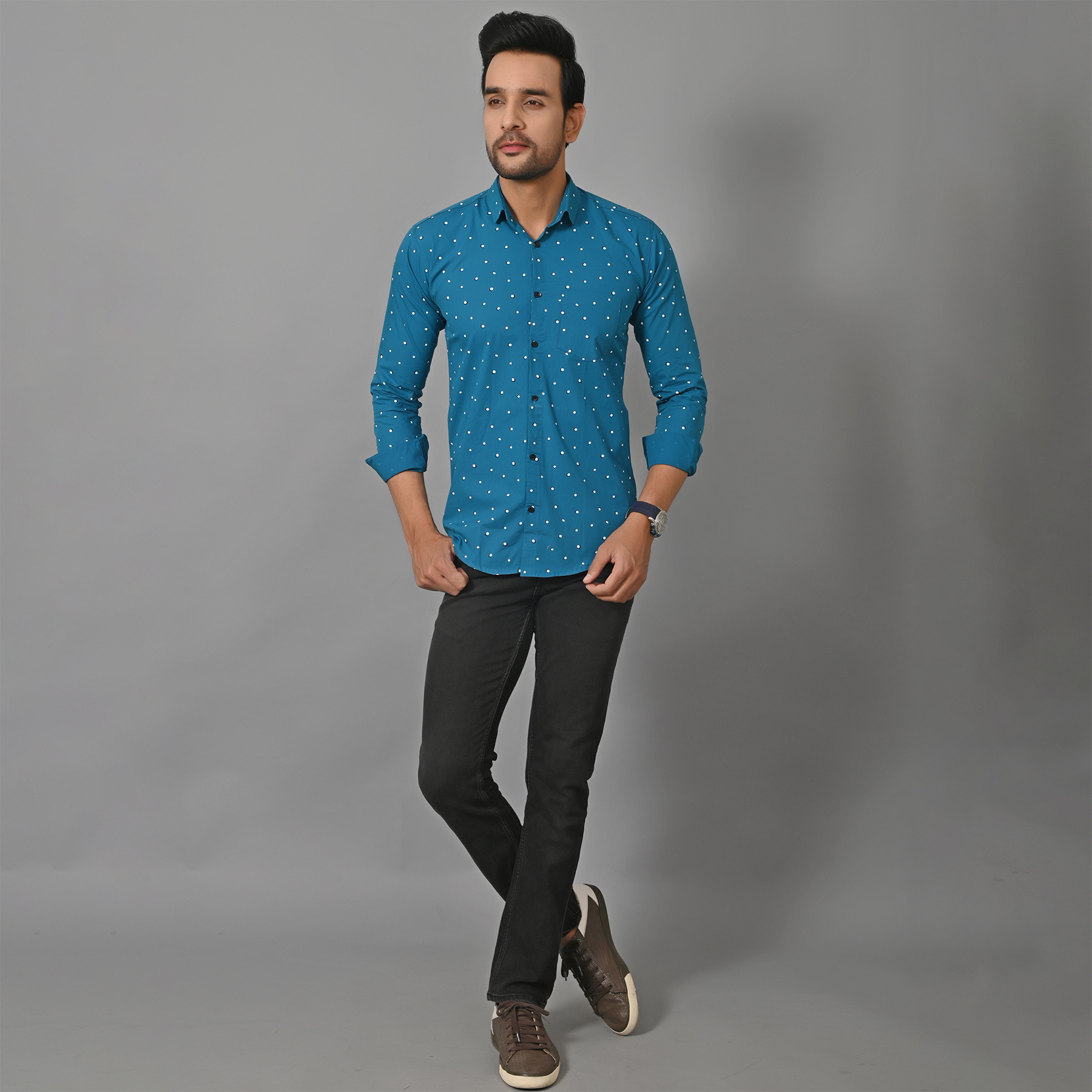 Mens Slim Fit Full Sleeves Casual Polka Cotton Shirt