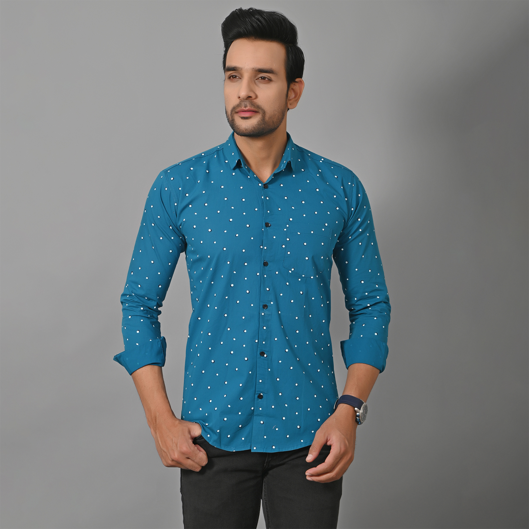 Mens Slim Fit Full Sleeves Casual Polka Cotton Shirt