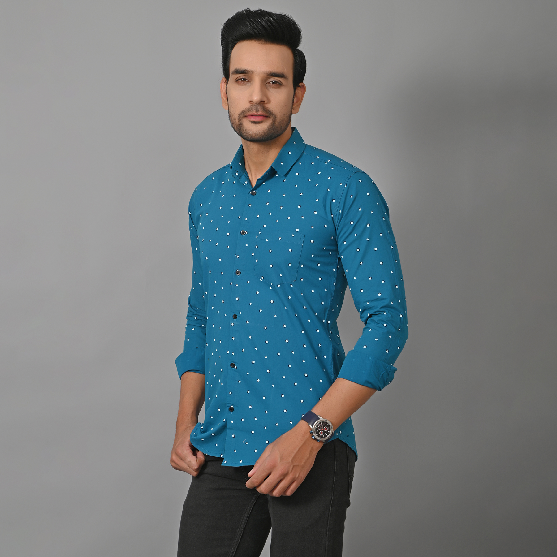 Mens Slim Fit Full Sleeves Casual Polka Cotton Shirt