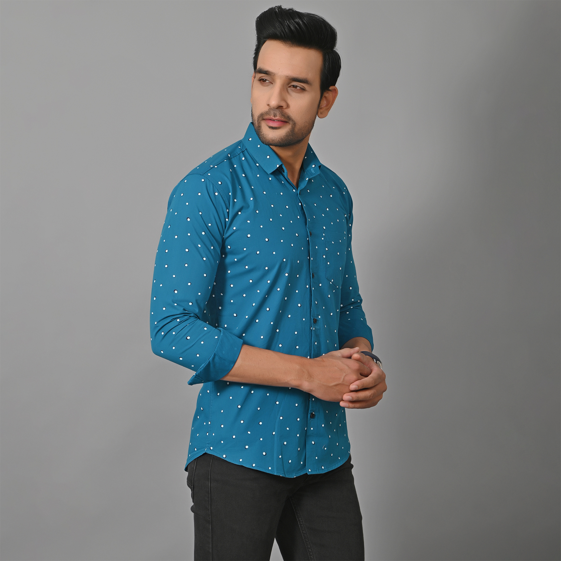 Mens Slim Fit Full Sleeves Casual Polka Cotton Shirt