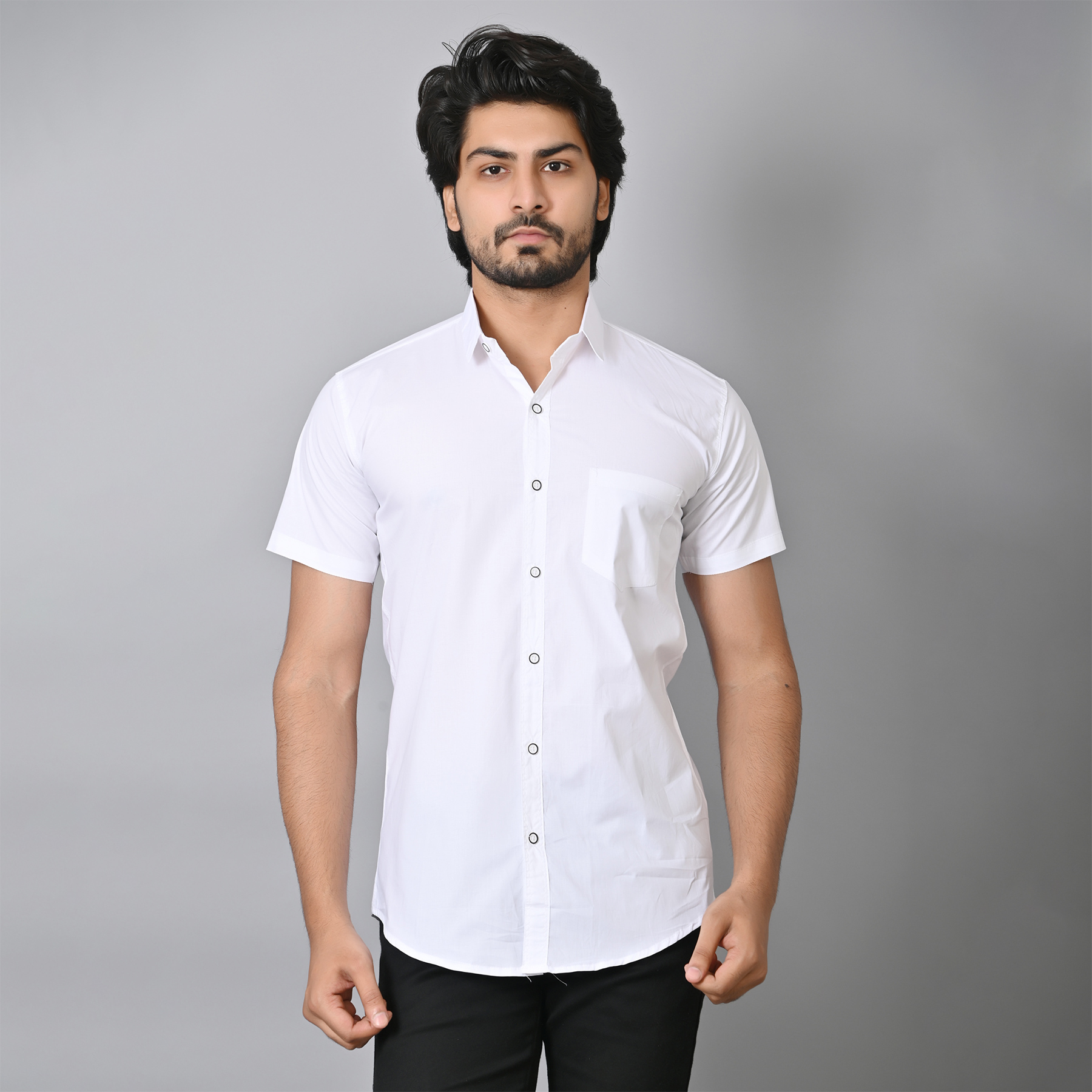 Mens Slim Fit Short Sleeves Casual White Cotton Shirt
