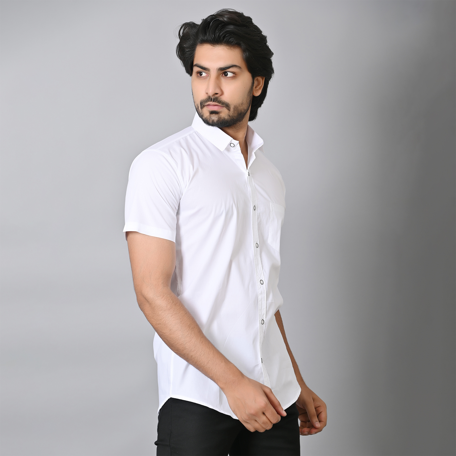 Mens Slim Fit Short Sleeves Casual White Cotton Shirt