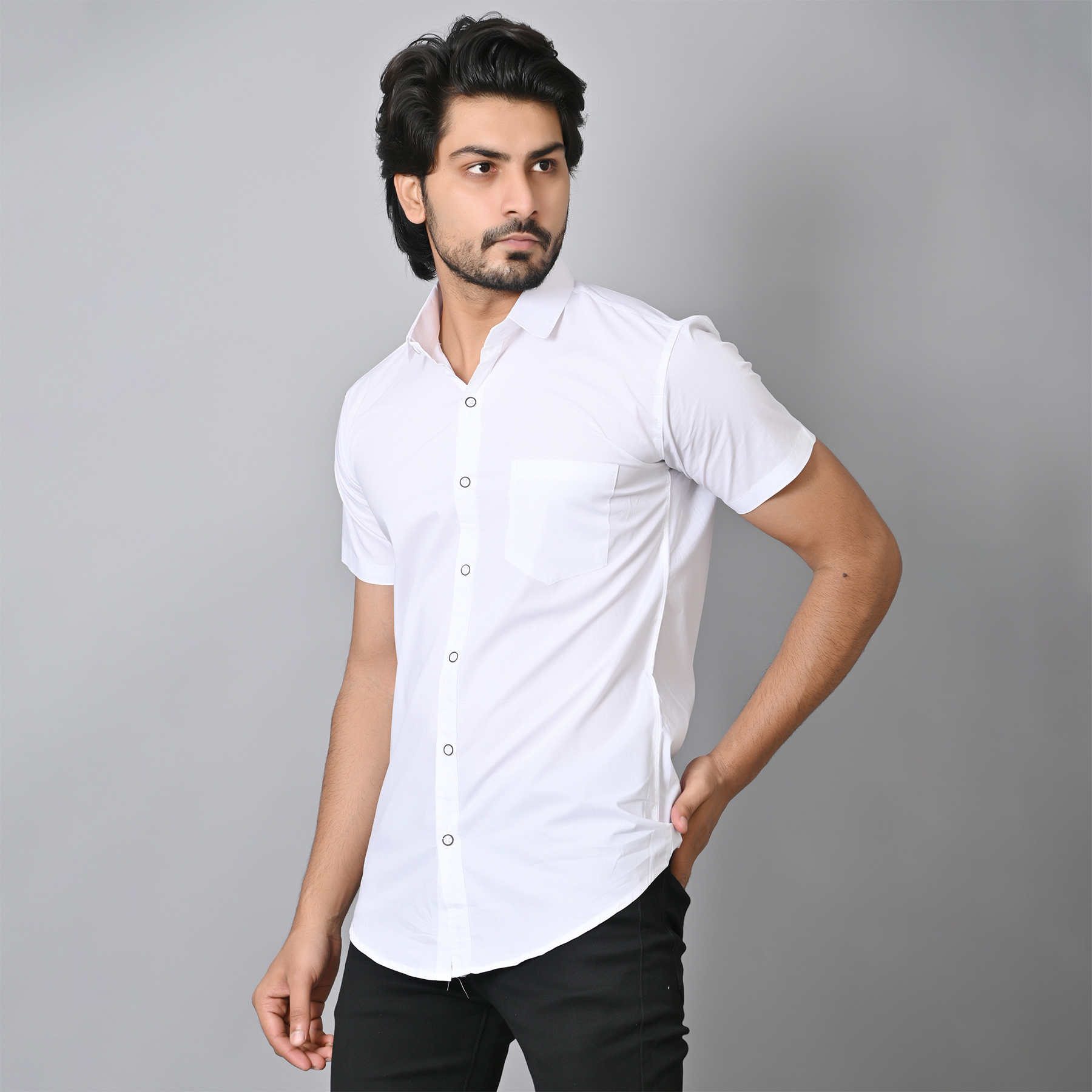 Mens Slim Fit Short Sleeves Casual White Cotton Shirt