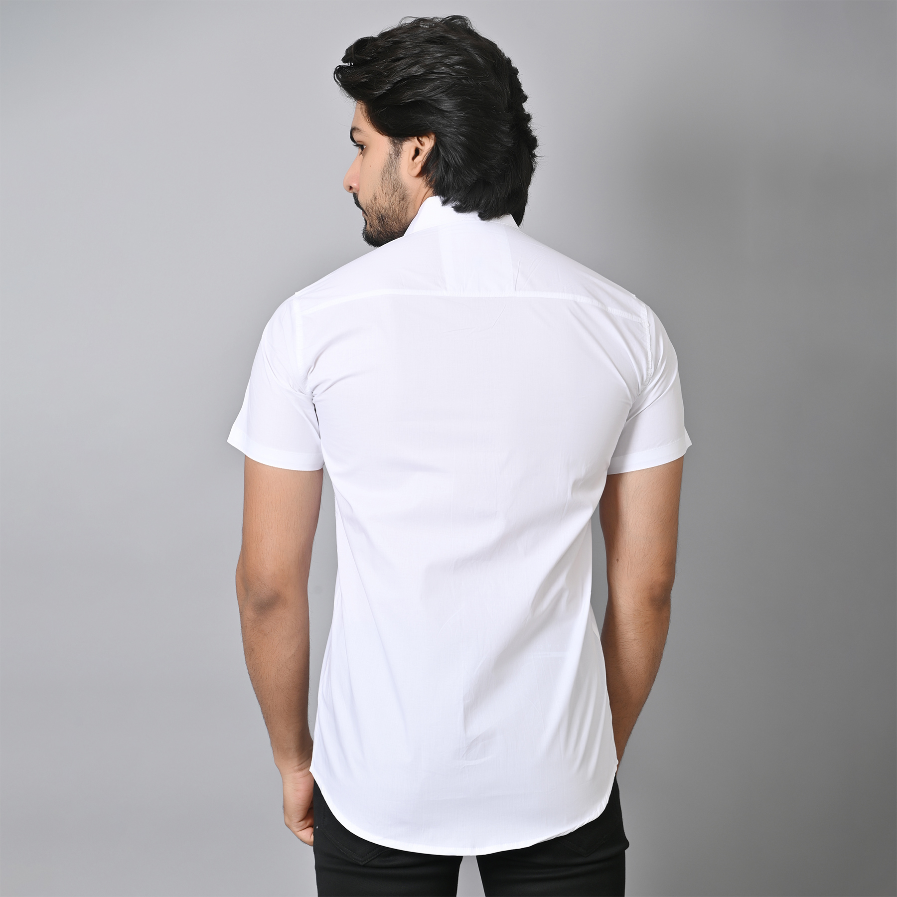 Mens Slim Fit Short Sleeves Casual White Cotton Shirt