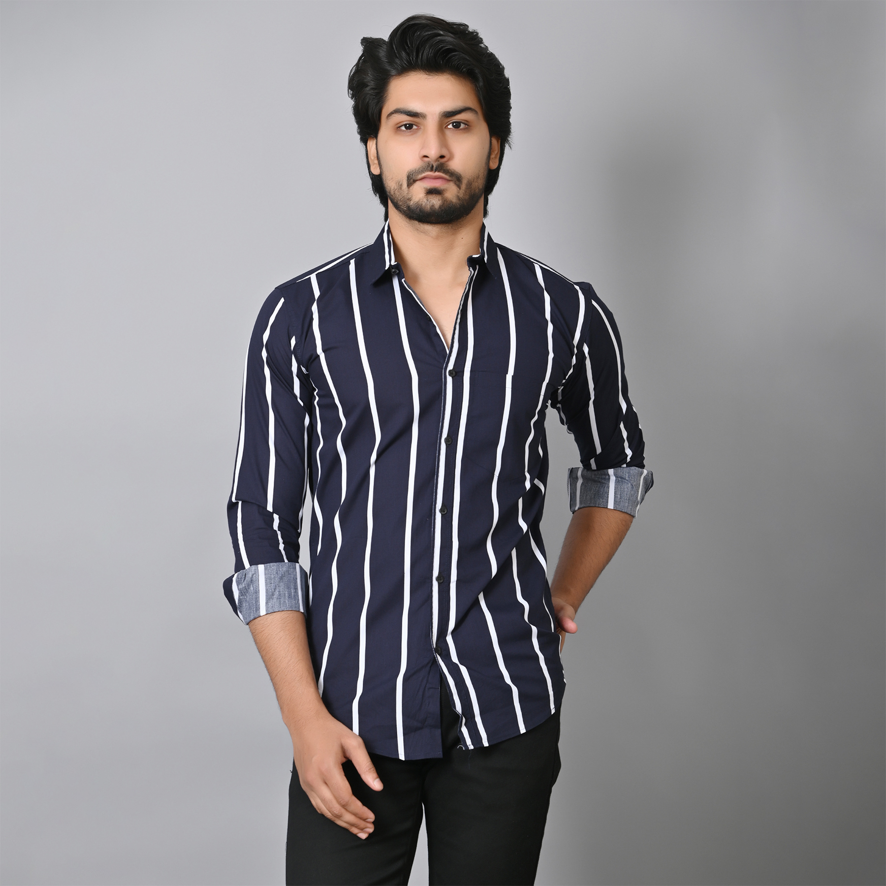 Mens Slim Fit Full Sleeves Casual Stripped Cotton Shirt